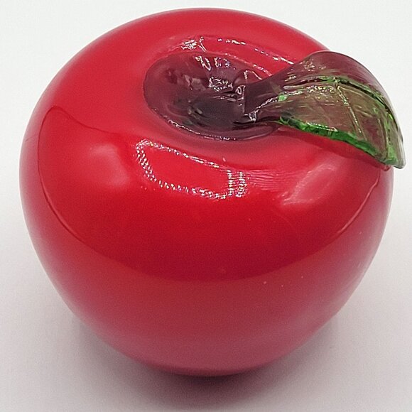 Art Glass Red Apple Green Stem Handblown Paper Weight Sun Catcher Collectible - Picture 2 of 6